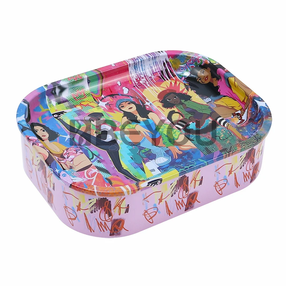 Wholesale New Design 18*14Cm Sealed Roll Packaging Metal Serving Tray With Lid Tin Stash Boxes Rolling Tray With Storage Box