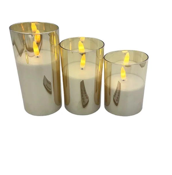 hot selling high quality flameless led candle grey gold glass pillar candles