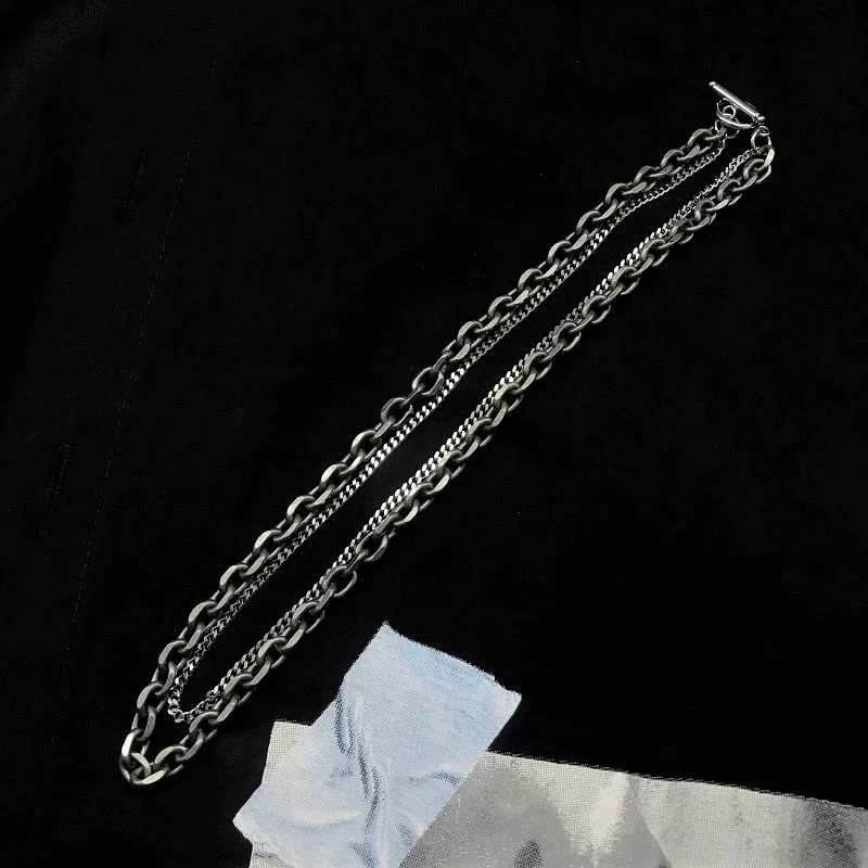 VAF IO Multi Double Layer Dark Silver Necklace Stainless Steel Choker Chain Necklace For Men