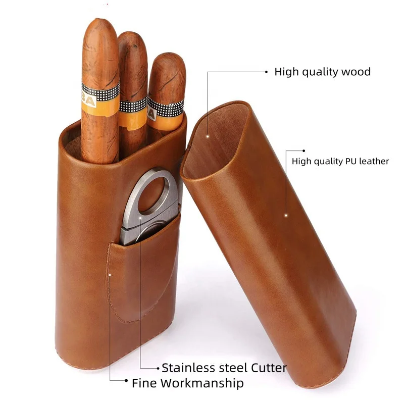 Portable Luxury Cigar Box Holsters 3 Finger Travel Humidor Cabinet Genuine Leather Cigar Case Bag with Cutter