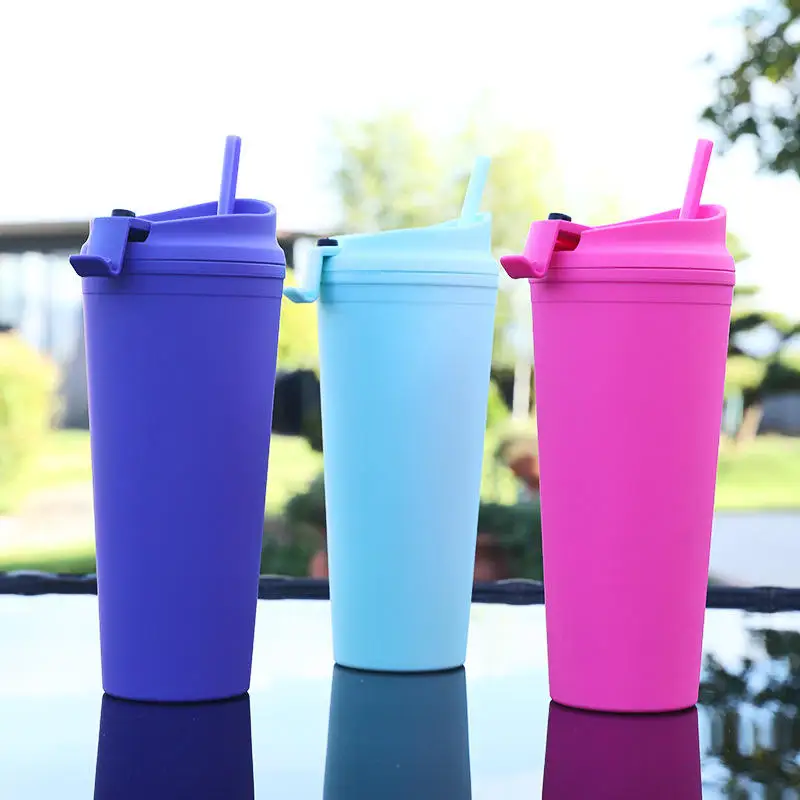 650ml Reusable Custom Logo Printed Double Wall Tumbler Plastic Cups With Lids and Straws