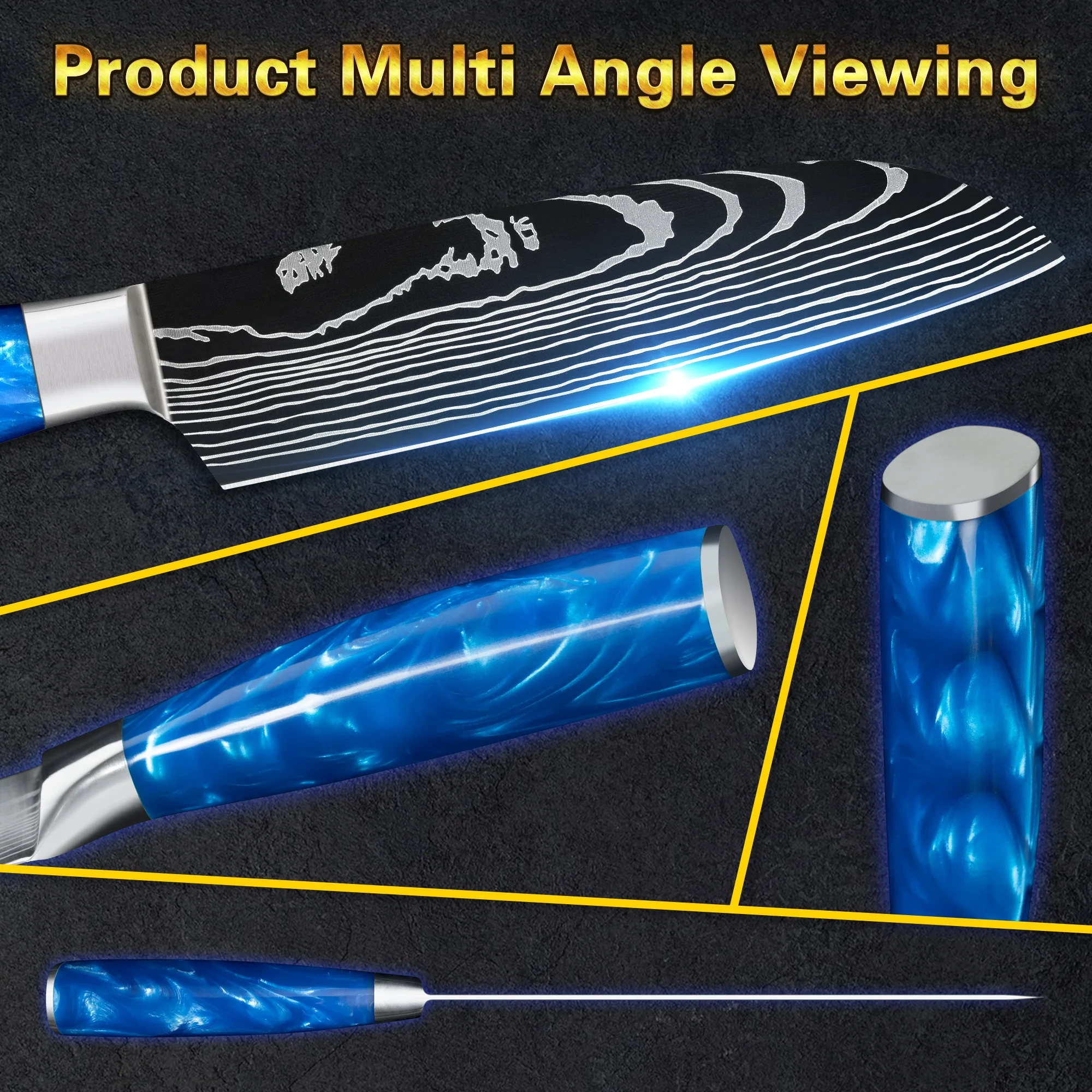 Free Shipping 5 inch Damascus steak knives mini Santoku knife steak for restaurant Sapphire blue resin handle