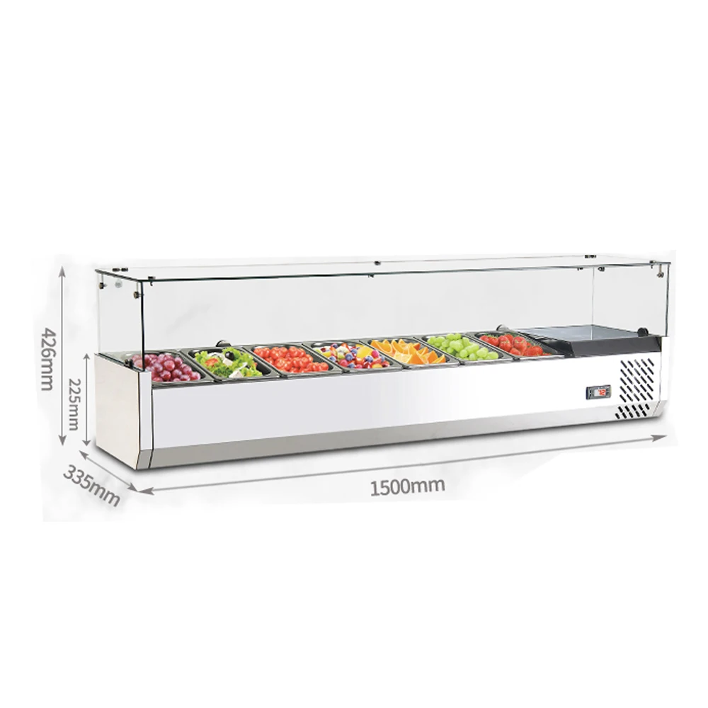 1.5M Stainless Steel 7*1/4 GN Pan Counter Top Pizza Food Display Cooler Glass Saladette Fridge Salad Sandwich Refrigerator