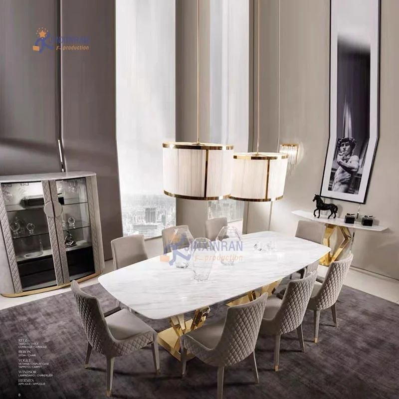 modern style marble top stainless steel luxury dining table set 8 seater with chairs
