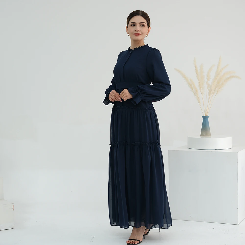 Traditional Muslim Clothing Long Sleeve Solid Color Muslim Maxi Dresses Chiffon Modest Layered Muslim Dress for women