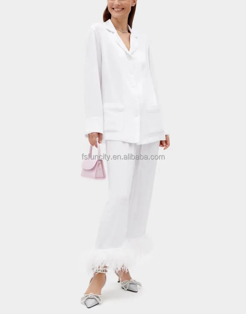 Luxury Women Pajama Nightgown Sexy Ladies Night Wear Set Feather Robe