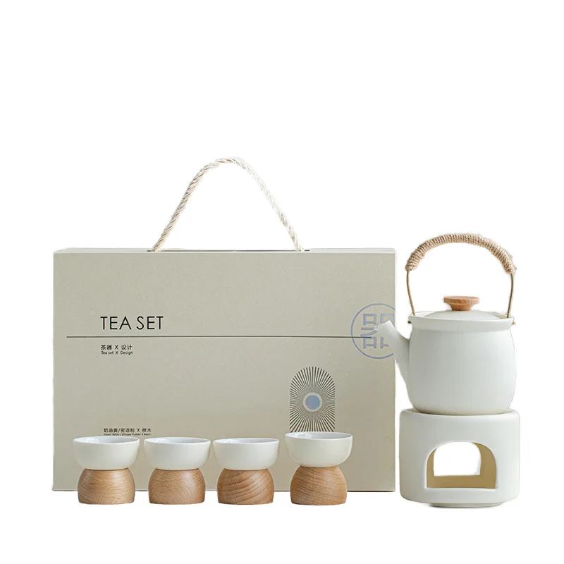 European-Style Loop-Handled Ceramic Tea Warmer Radiator Winter Warm Tea Set with Stove Candle Holder and Coffee Brewer