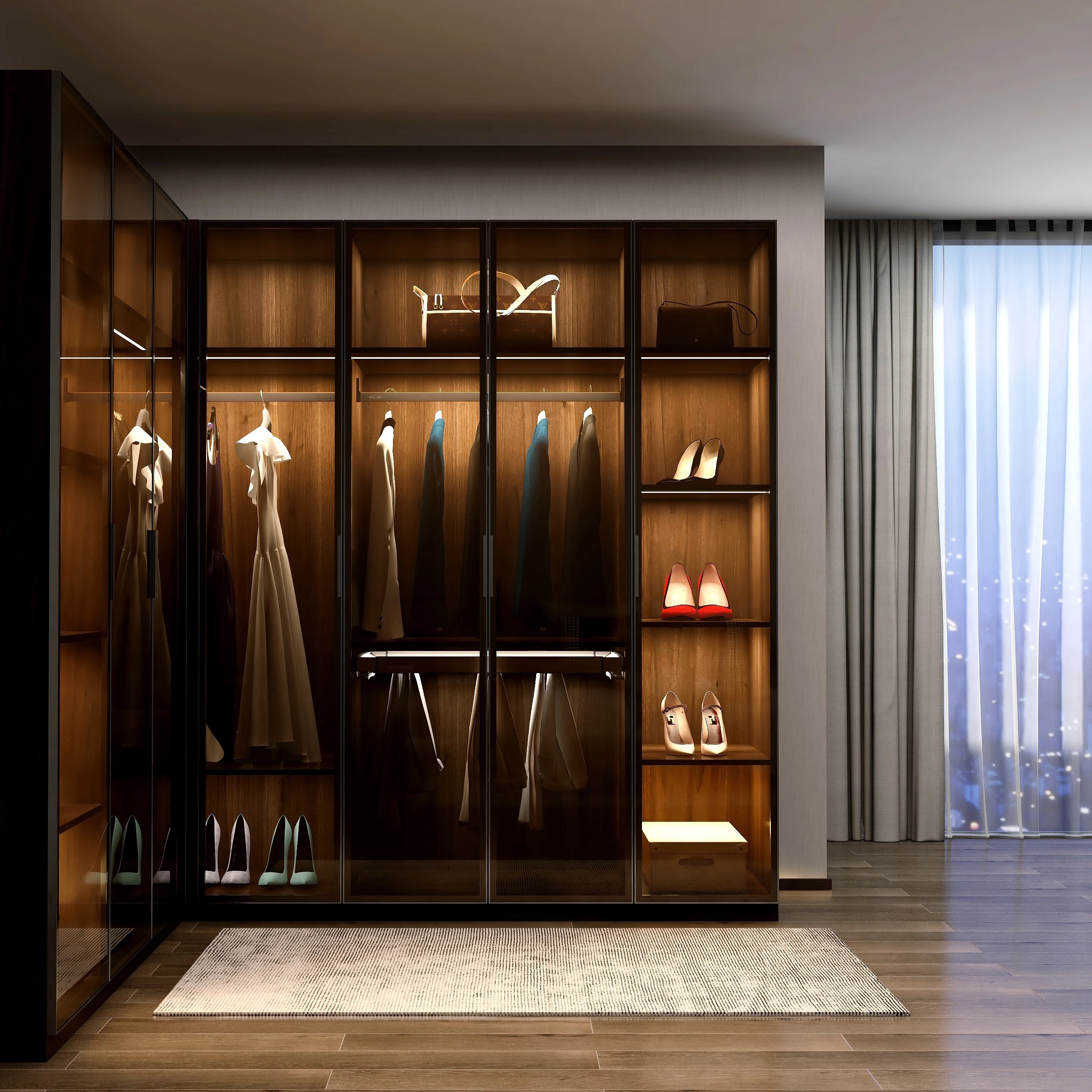 Whole House Wardrobe Modern Closet Design Glass and Wood Dressing Room Storage