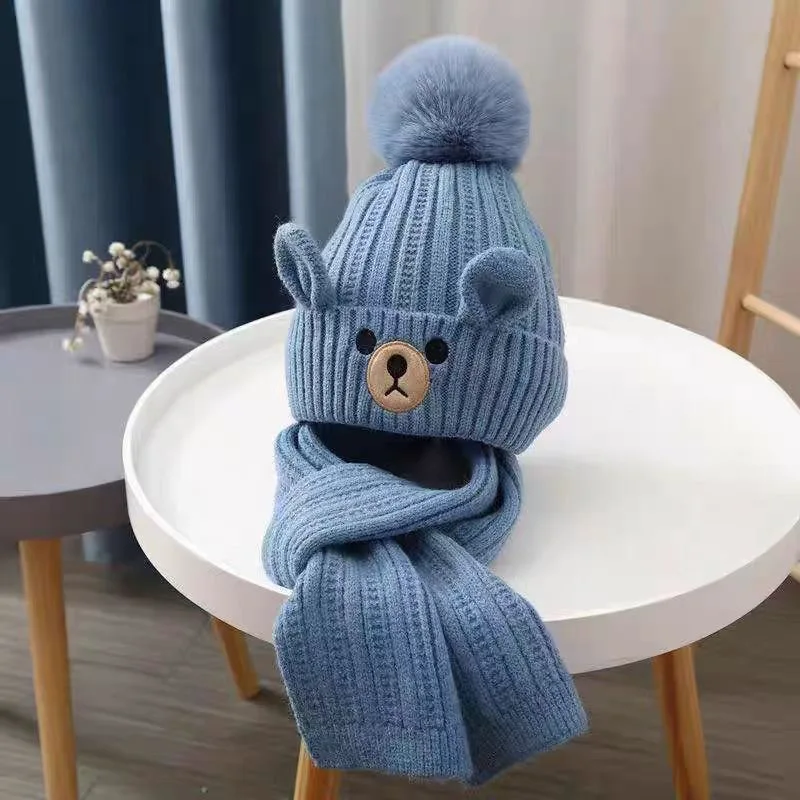 wholesale Winter Warm Little Bear kids baby Acrylic Knitted Jacquard Hat Scarf set With Fur Pom Pom For Children