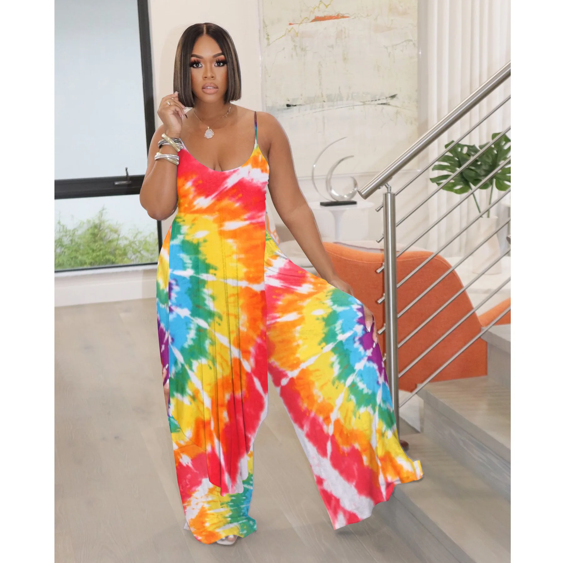 women 5colors European spaghetti strap tie die stripe printed sexy wide leg long jumpsuits romper jumpsuit women