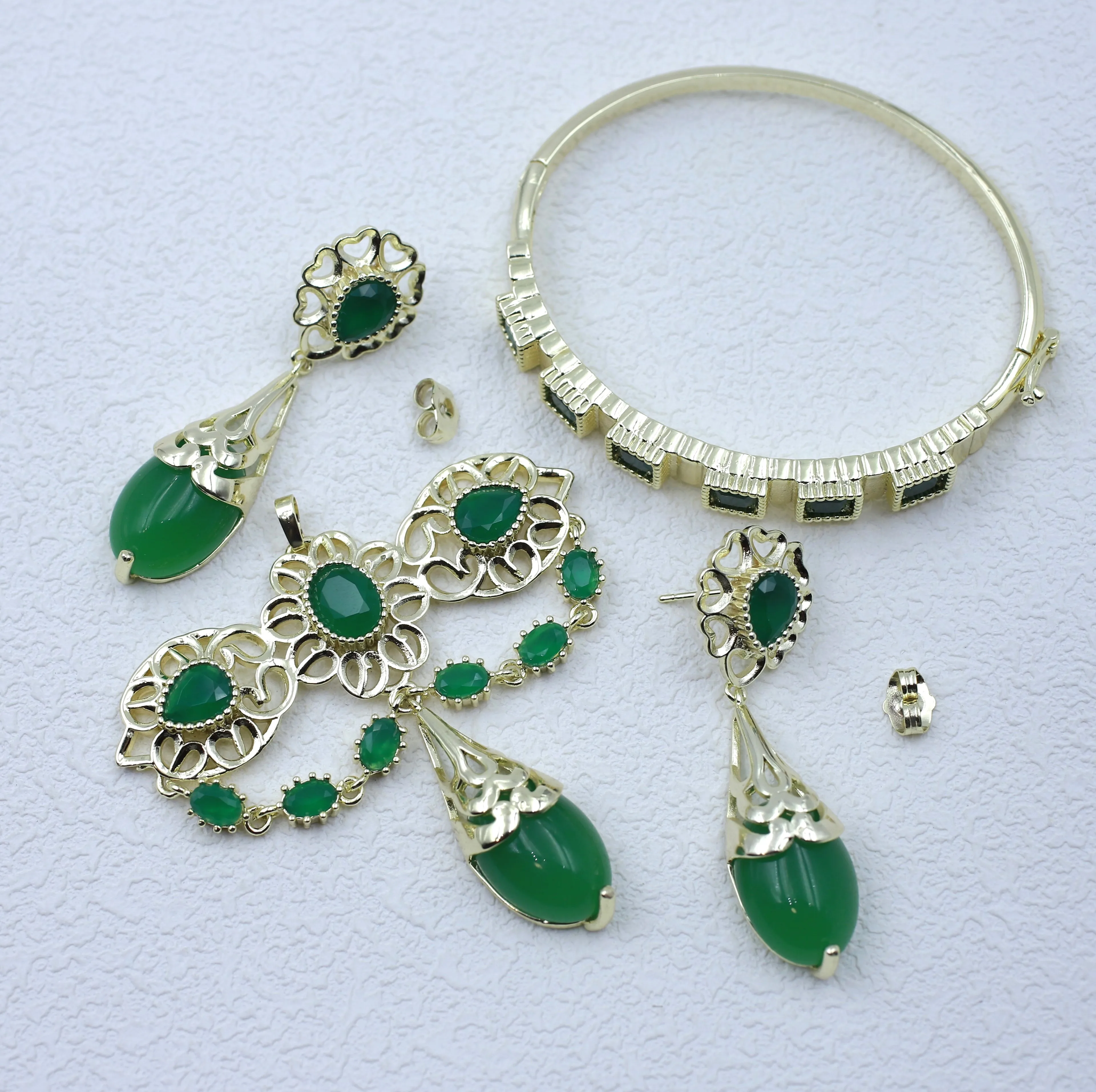 14k green stone fashion jewelry set copper high quality luxury jade 3pc emerald jewelry set