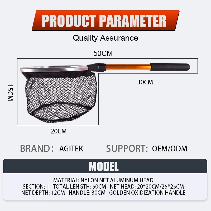 Mini Landing Net Aluminium Handle Golden Anodization With Comfortable Black EVA Grips Polyester Built In Net