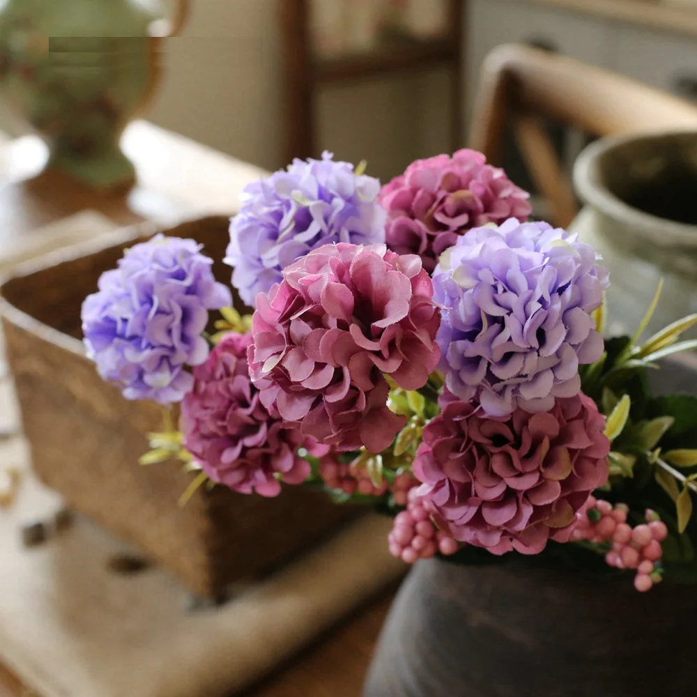 Factory direct sale small hydrangea mixed bubble grain flower bouquet artificial silk wedding flowers