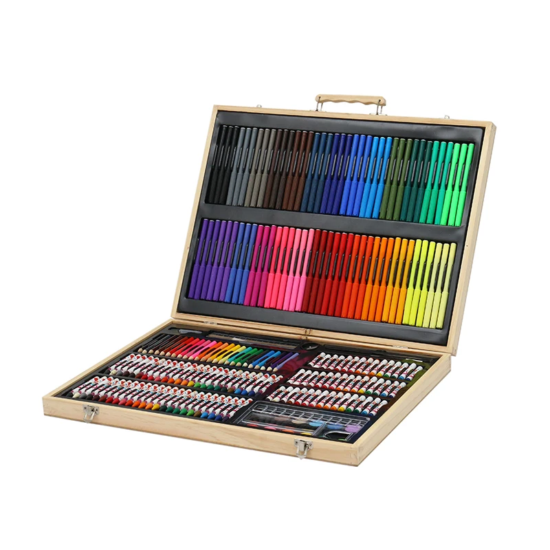 Customized Logo Art Supply 251 Pieces Wood Box Painting Drawing Set for Kids Adults With Marker Pens Crayons Color Pencils