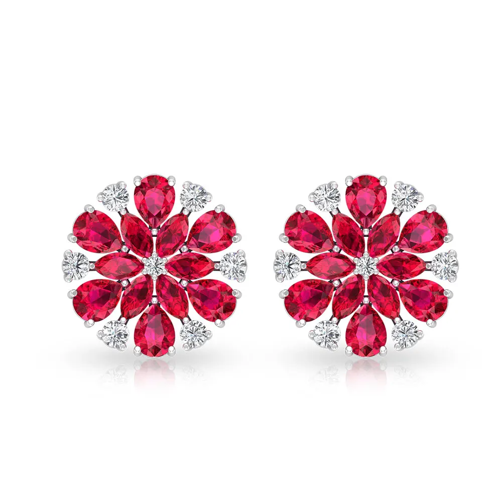 
 Ruby Diamond Snowflake Earring, Vintage Birthstone Stud Earring , Color Clarity Diamond Bridesmaid Earring  
