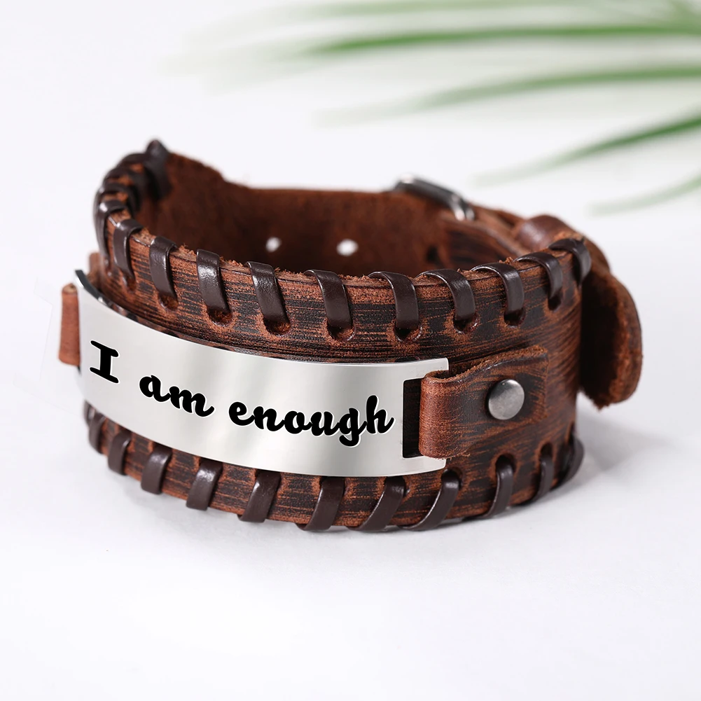 2019 Stainless Steel Engraved Bracelet Personalized bracelet men leather Inspirational Cuff Bangle For Gift