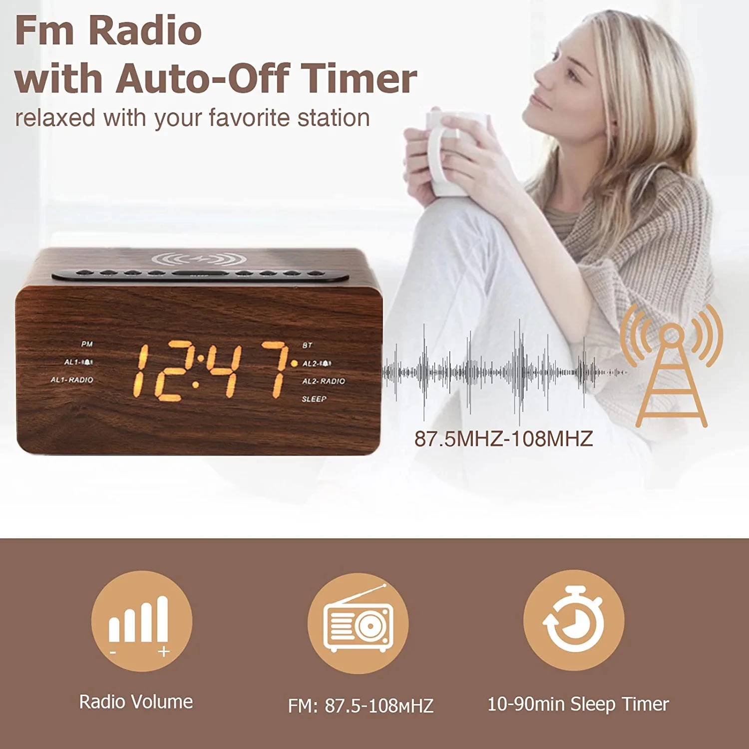 Manufacturers wholesale  LED display  wood grain Fast Wireless alarm clock Sleep Timer Digital USB port FM radio