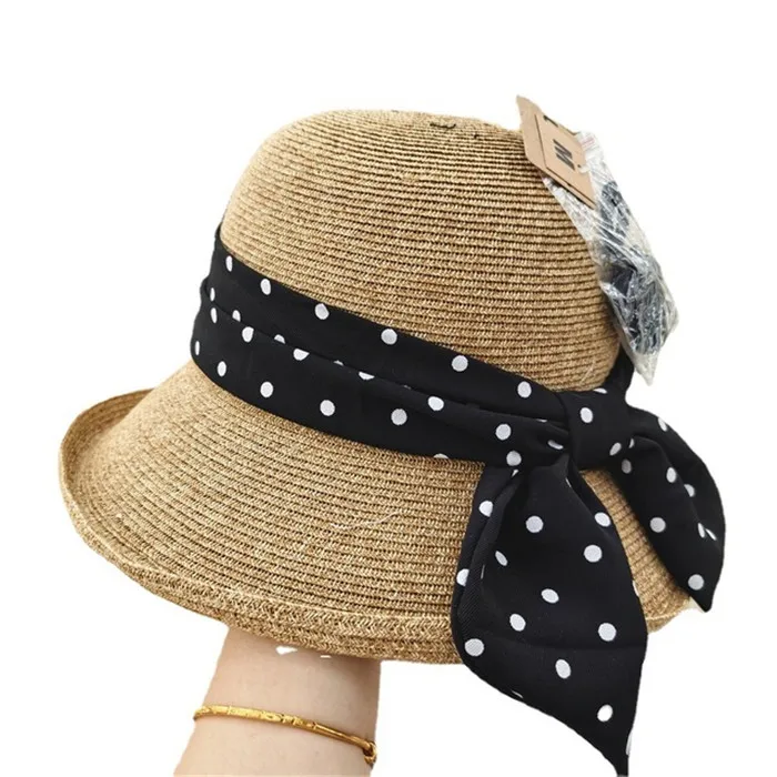 
Polka dot long streamer bowknot curling fine straw hat female vacation seaside sunshade bowler hat 