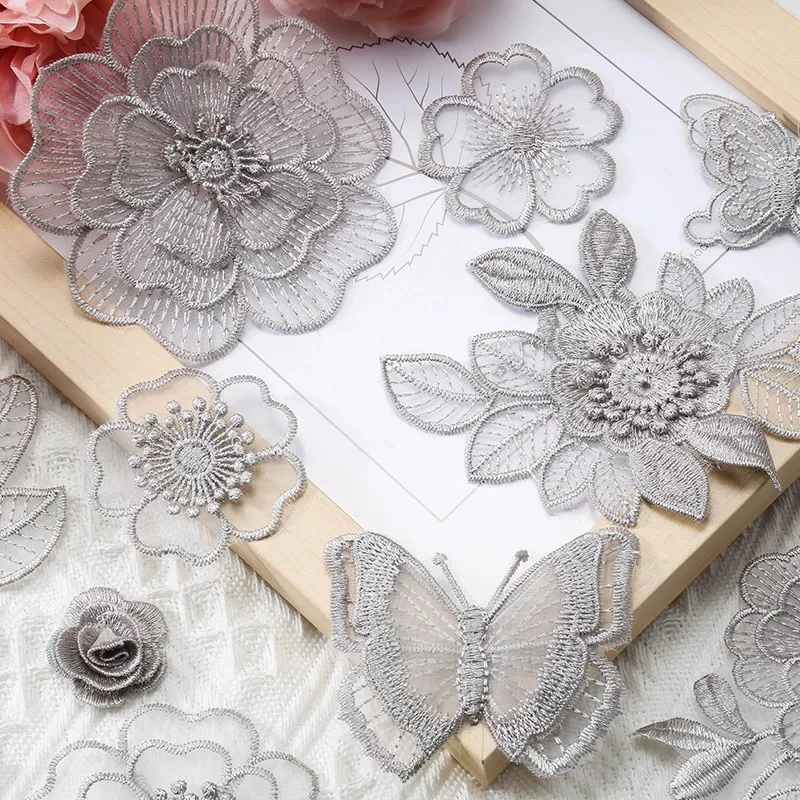 Factory Custom Lace Stickers Decals Handmade 3d Flower Bridal Rhinestone Bodice Applique Sew On Patches