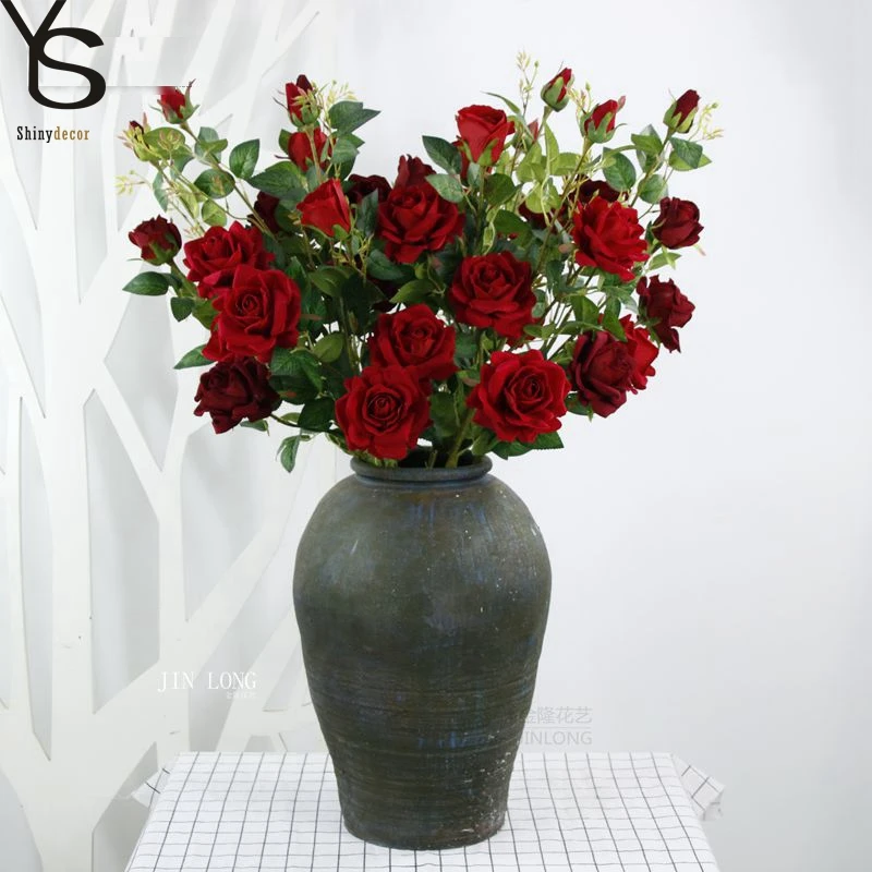 SMG003 real look red velvet silk rose flower bouquet artificial rose with stem preserved roses