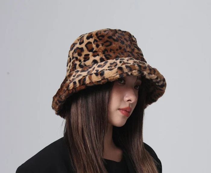 Custom Brown Leopard Print Faux Fur Reversible Winter Bucket Hat