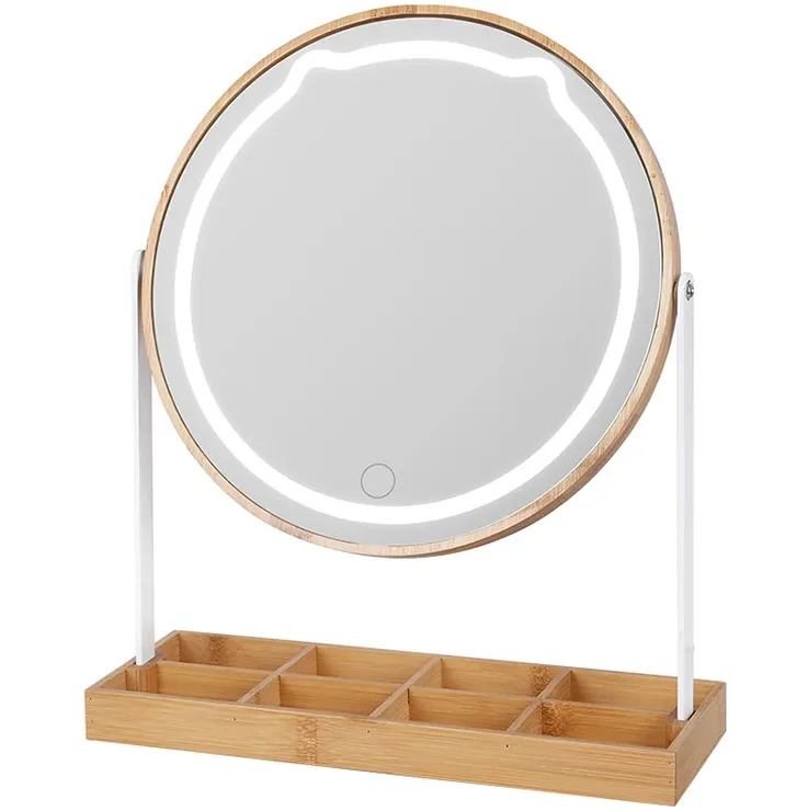 manufacturer custom led light circle brown table top mirror makeup dressing mirror with glass backlight mirrored