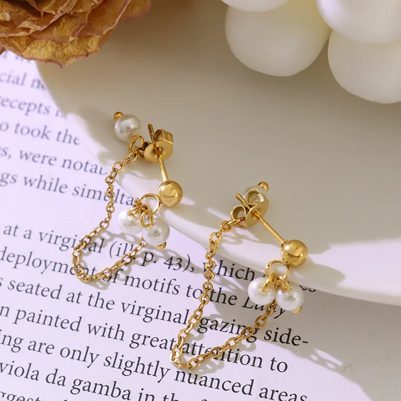 Exquisite Baroque freshwater pearl thin chain tassel long earrings double way  back stud post ear ring for girls