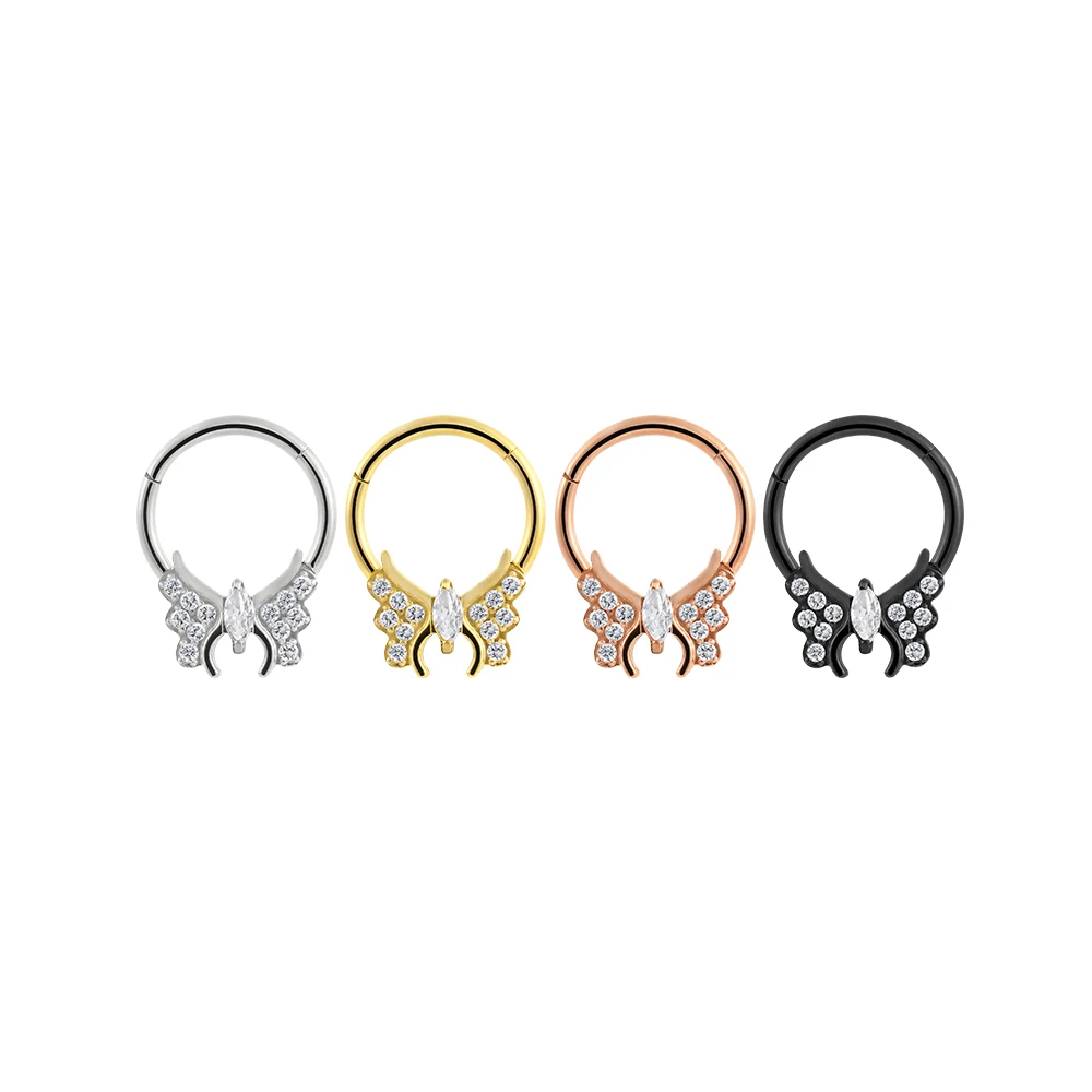 Superstar titanium septum welded butterfly both sides wings zircon marquise shape nose segment ring clicker piercing jewelry