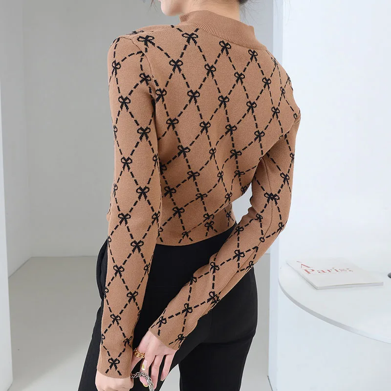 Bow Jacquard Cropped Knit Sweater Bow Custom Pattern Knitted Jumper Chunky Knit Cardigan