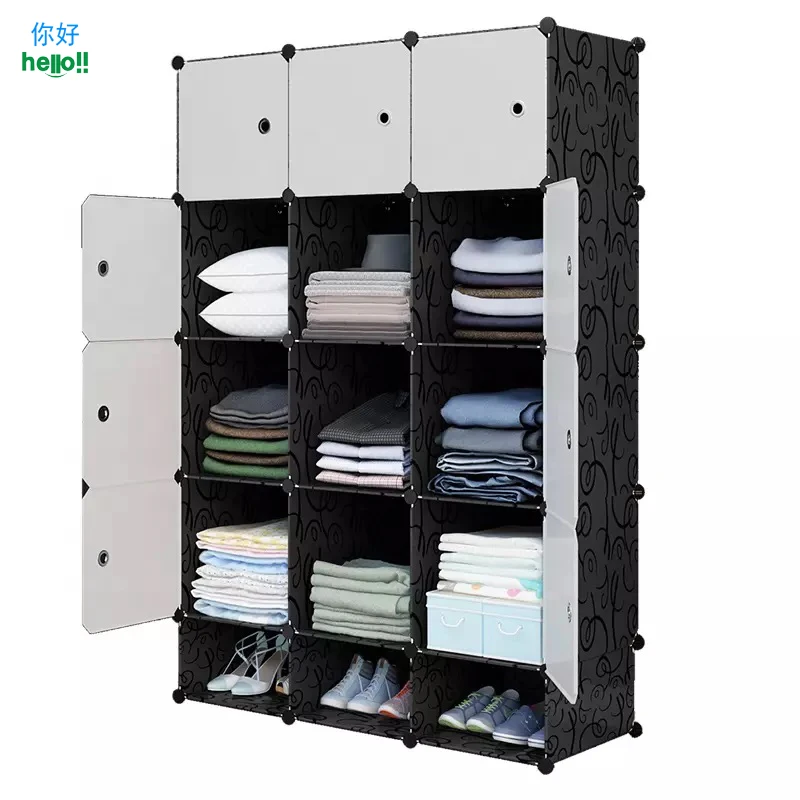 Cheap 12 Cubes Black Plastic Cabinet Fitted Wardrobes Armoir Bedroom Wardrobe Closet With Shoe Rack