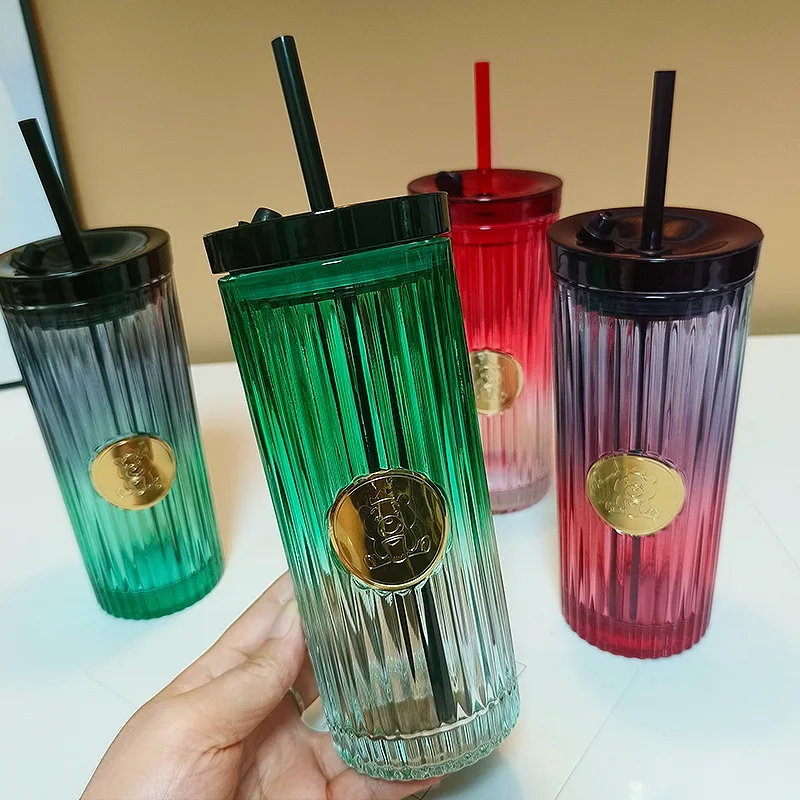 Seaygift creative 470ml car travel coffee milk juice cup girls gift glass tumbler mug vertical striped gradient glass straw cup