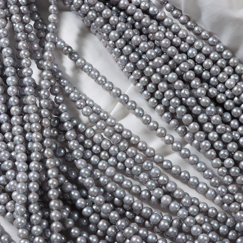 Hot Selling 5-6mm Natural Freshwater Pearl Nucleated Gray Near Round Beads Cultured Pearls Akoya