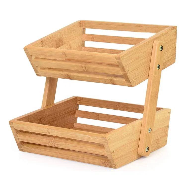 Bread Storage Stand Vegetable Rack 2-Tier Bamboo Fruit Basket For Kitchen And Offic