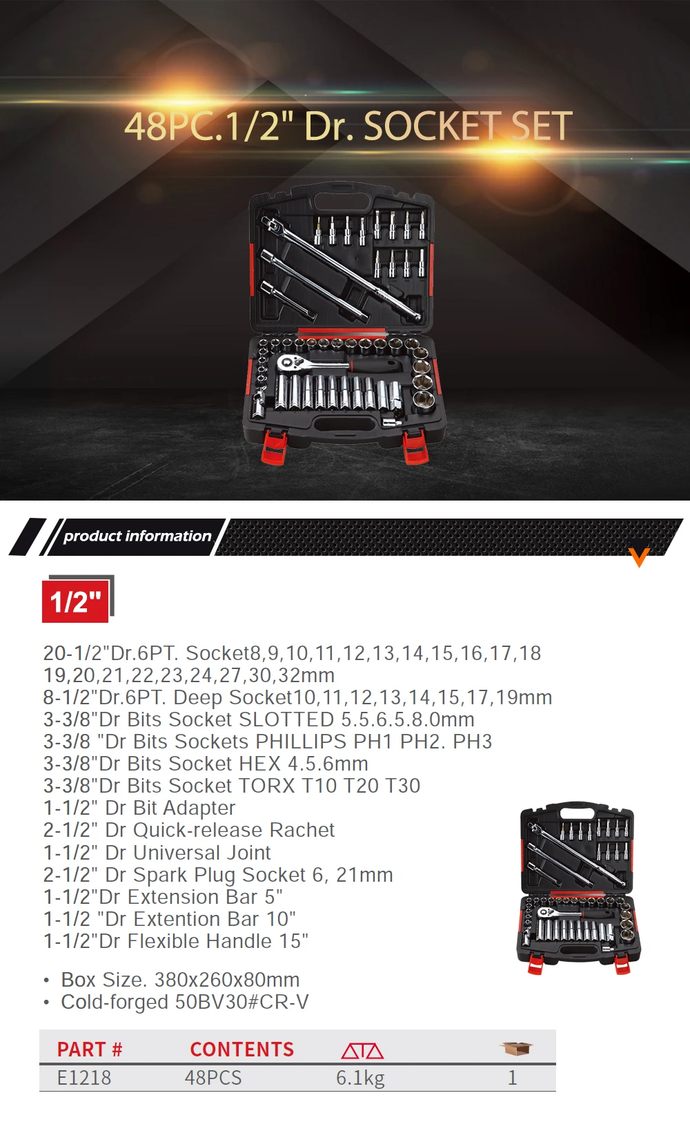 Высококачественный ручной инструмент промышленного класса 48 шт. набор головок Dr. socket 1/2 дюйма для ремонта машин-ENDURA