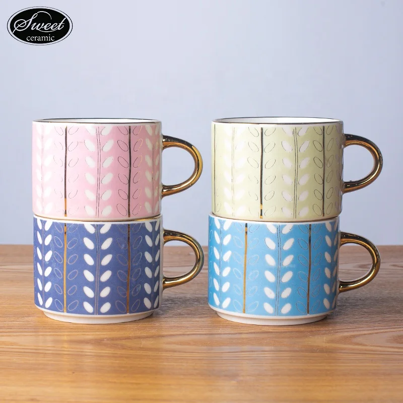 Custom Ceramic 11oz  stackable mug  with golden electroplating handle Coffee mug breakfast cup