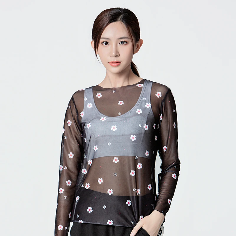2020 guangzhou oem women New trending sexy see through mesh blouse breathable long sleeves transparent mesh tops