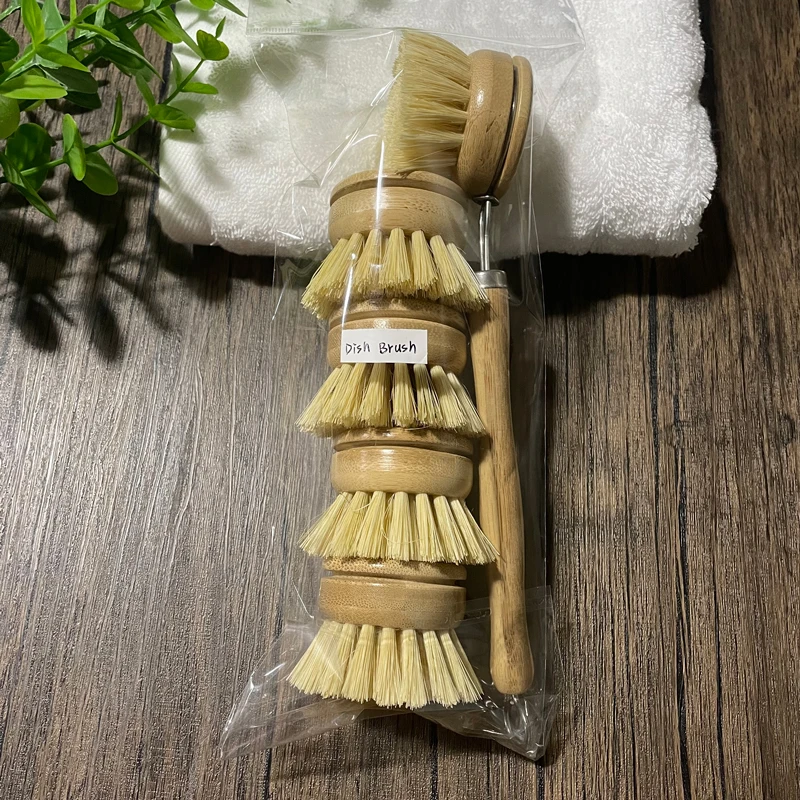 5PCS Long Handel Bamboo Dish Pot Plate Cleaning Brush Detachable with Replaceable Heads Kitchen Dish Pot Scrubber