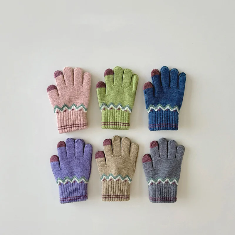 Autumn and Winter Five-Finger Knitted Warm Cotton Gloves for Children South Korean Retro Pattern Cold-Proof Mittens