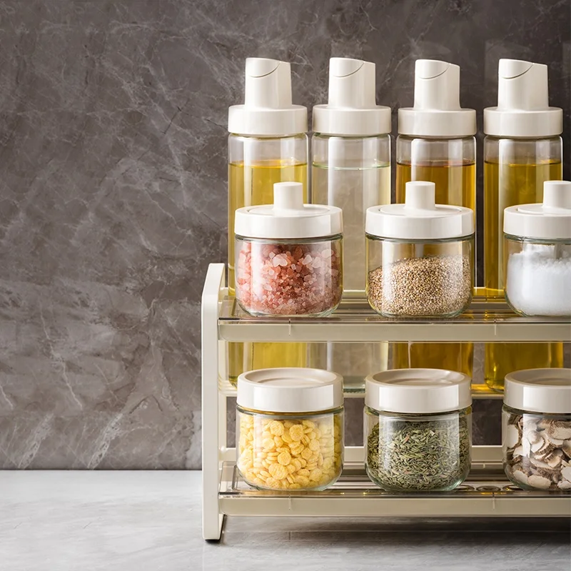Kitchen Storage 11piece Oil and Vinegar Bottle Set with Stainless Steel Rack and Glass Spice Jar Set