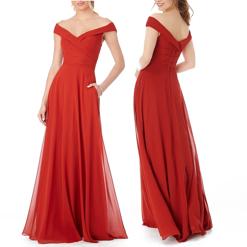 Designer Corset Dresses For Bridesmaids Wedding Gown Ladies Off Shoulder A-line Chiffon Maxi Red Bridesmaid Dress