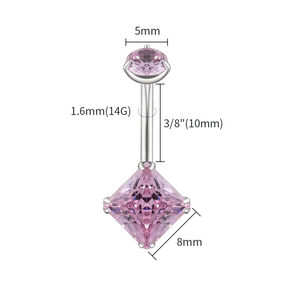 Right Grand ASTM F136 Titanium 14G Belly Button Ring Internally Threaded Navel Barbell Piercing with Square Cubic Zirconia