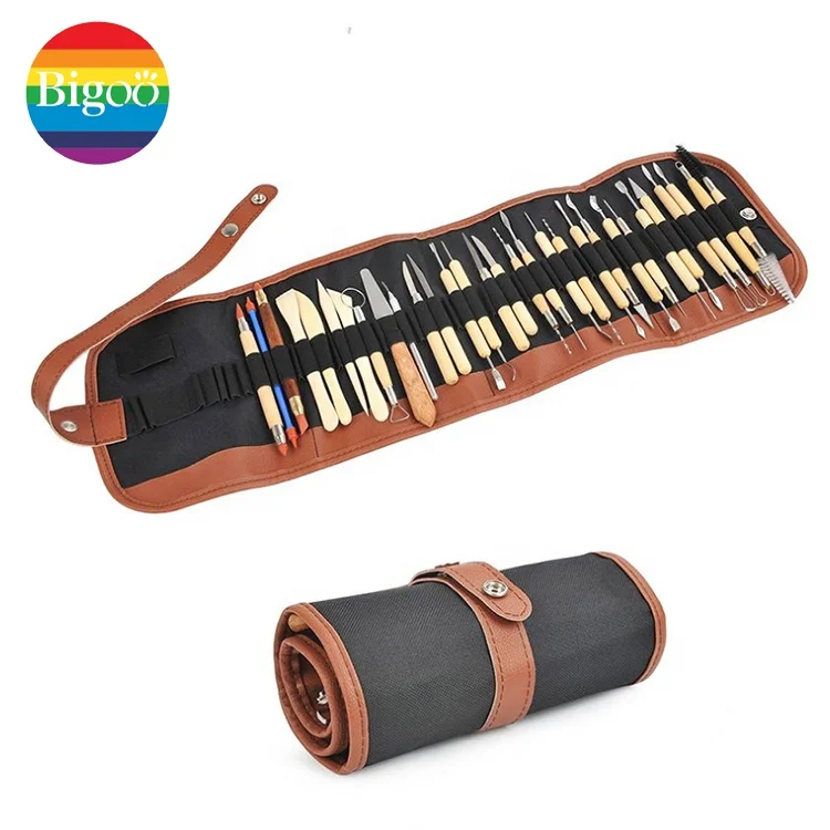 Hot Sale Set of 30pcs Wooden Handle Clay Sculpting Tools Pottery Carving DIY Modeling Tool Set in Fabric Storage Bag