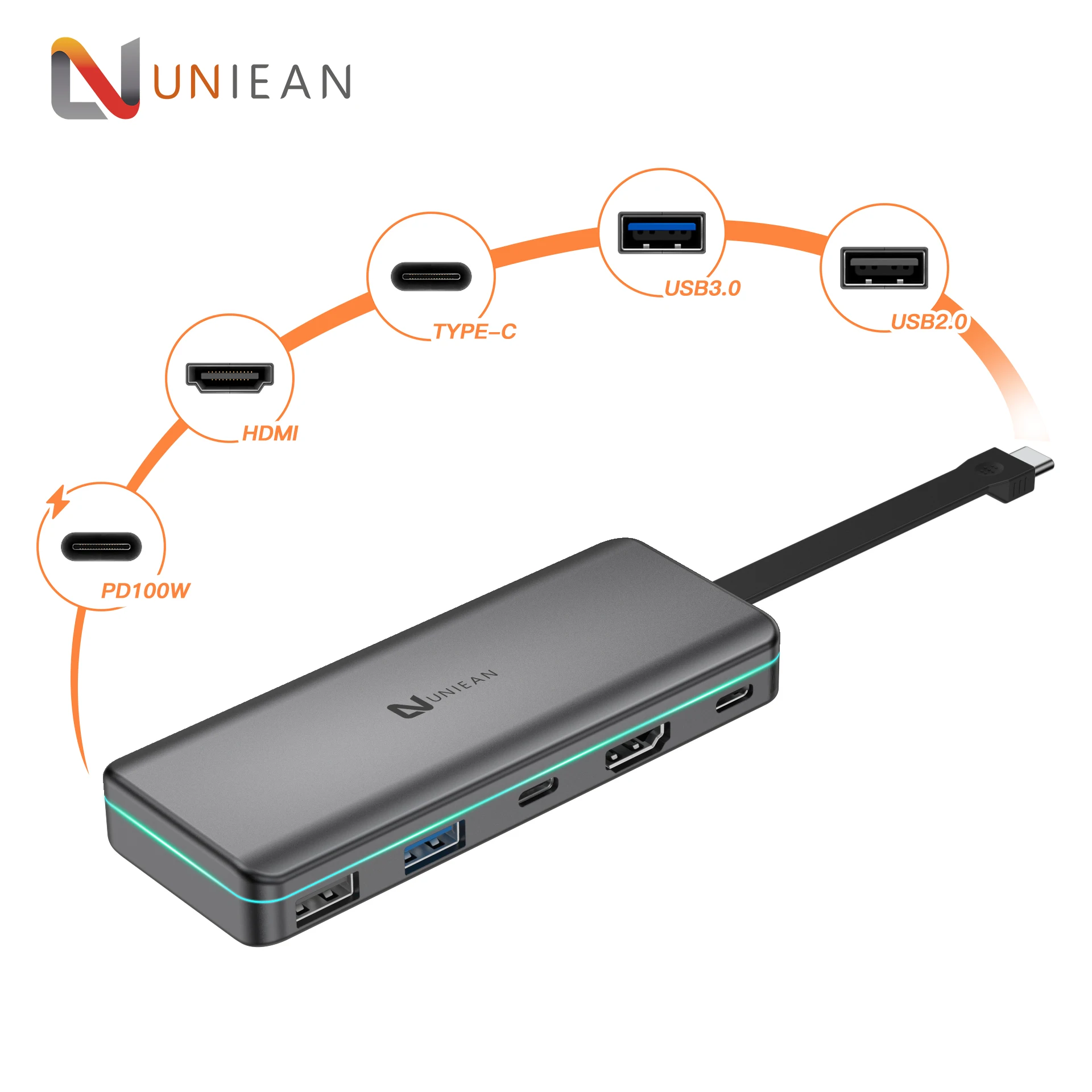 Aluminum Alloy Housing RGB 5 In 1 PD100W Fast Charging USB 3.0 5Gbps HDTV 4K 60Hz Usb C Hub Dock Hdmi Adapter for Desktop