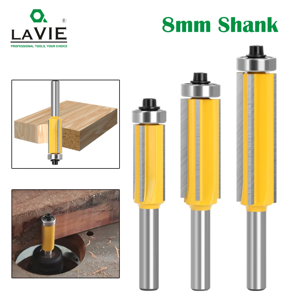 LAVIE 1pc 4 edg 8mm Shank Flush Trim Router Bit set Wood Cutter with Bearing Template Pattern Bit Milling Cutter -C C08023