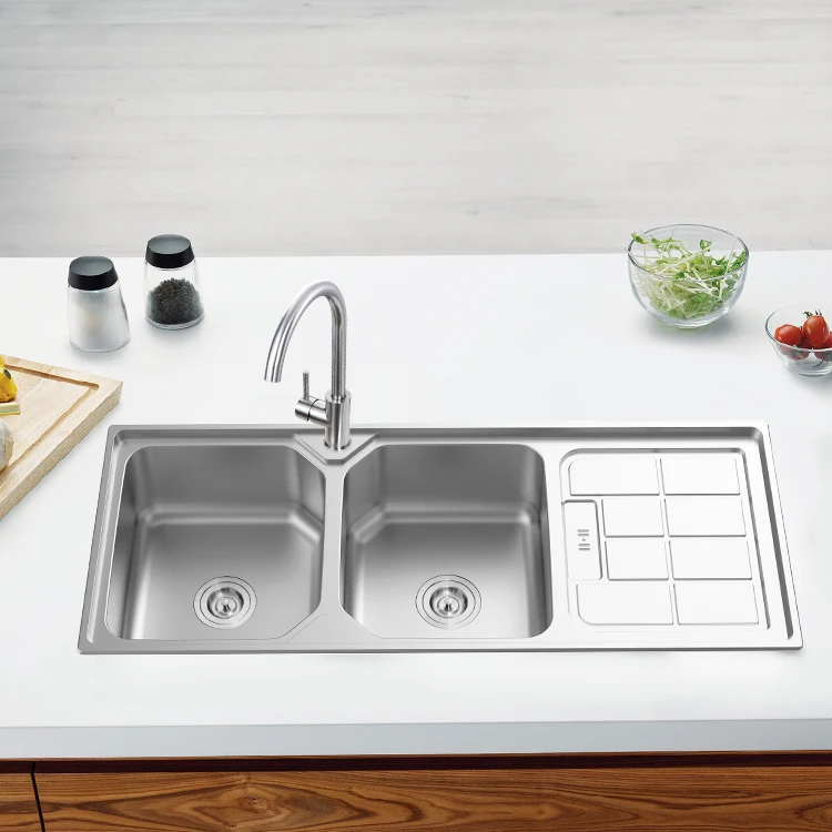 stainless steel farmouse water hand washing double bowl kitchen sink with drainboard