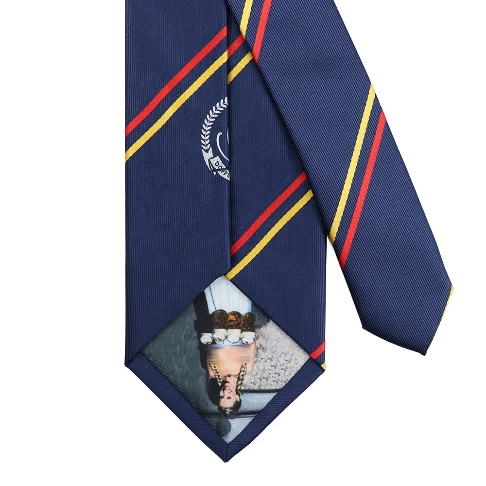 Custom Brand Logo Striped Microfiber Necktie Navy Blue Fashion Design Logo Tipping Polyester Tie For Business