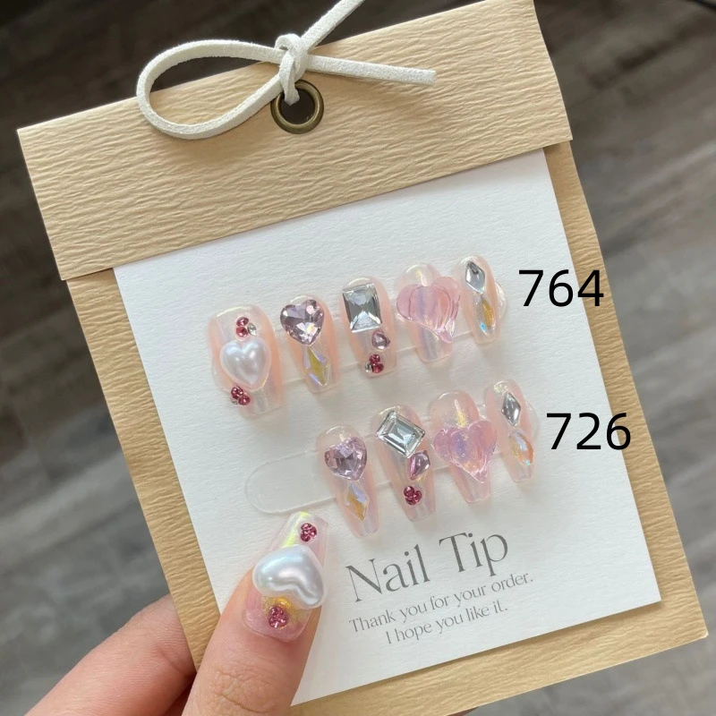Design #726 #764 Handmade Acrylic Press on Gel Nails Artificial False Nail Tips Hot Luxury Almond Art Full Cover Nails