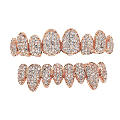 European Hot Sale Cubic Zircon Top & Bottom Hip Hops Teeth Grillz Irregular 8 Teeth Gold Plated Pave Zircon Teeth Grillz