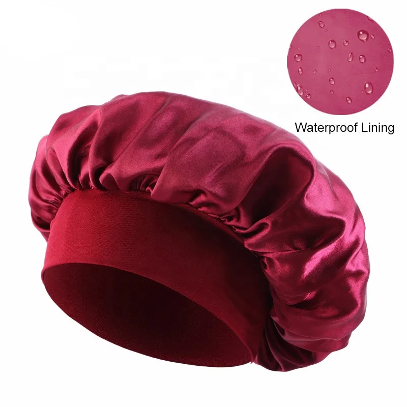Waterproof polyester Luxury Satin EVA Shower Caps for Women Reusable Bath Hair Cap Fashion Bowknot Shower Hat with Elastic