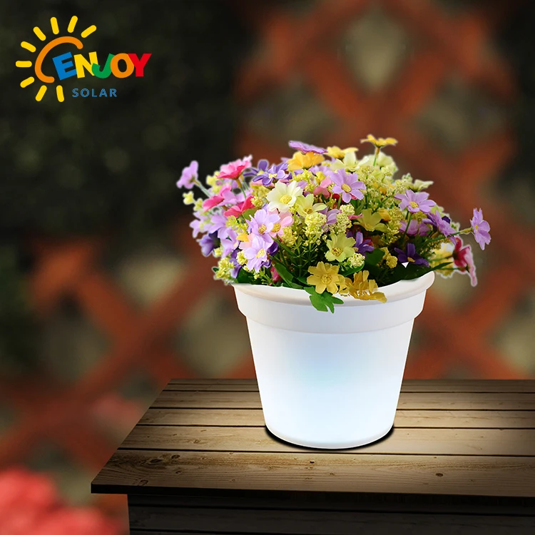 ENJOYSOLAR New Arrival Led Planter Solar Led Flower Pot with Rechargeable Small Plastic Used with Artificial Flower White Box